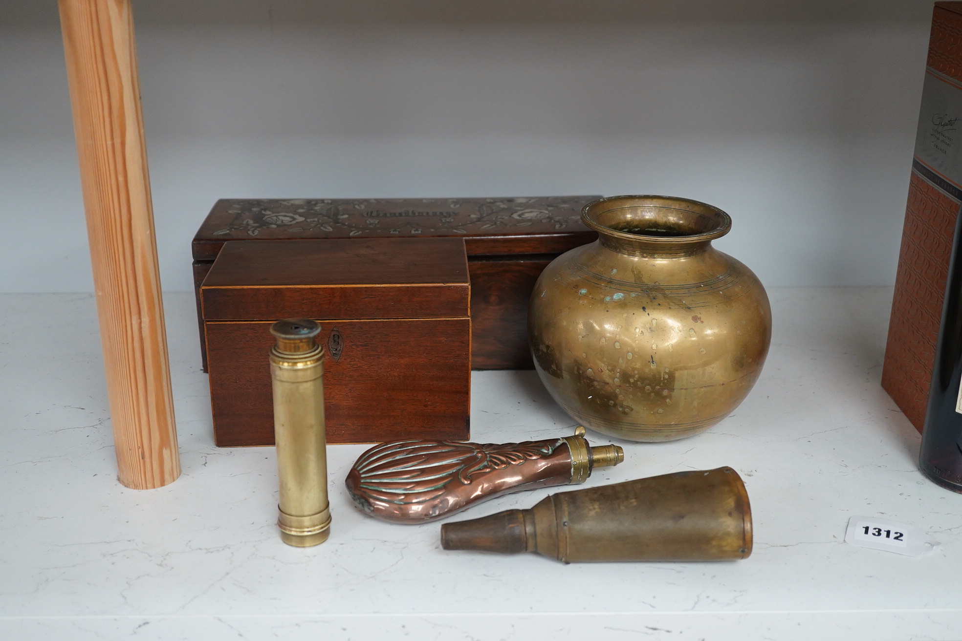 A 19th century inlaid rosewood 'Grabuge' box, a tea caddy, two shot flasks, telescope and brass bowl, largest 34cm wide. Condition - mostly fair